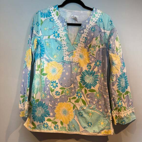 Lilly Pulitzer Tops - Lilly Pulitzer Women’s Tunic Top Floral Cotton with Side Zipper & Crochet Trim